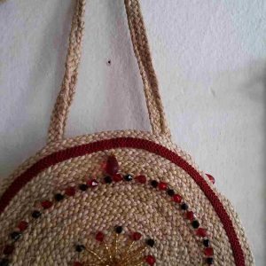 Boncuklarla çiçek temalı temalı, bayan çanta, Muz lifi sanat eserleri-116